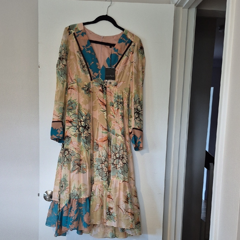 Nanette Lepore Teal and Beige Floral Long Sleeve Dress